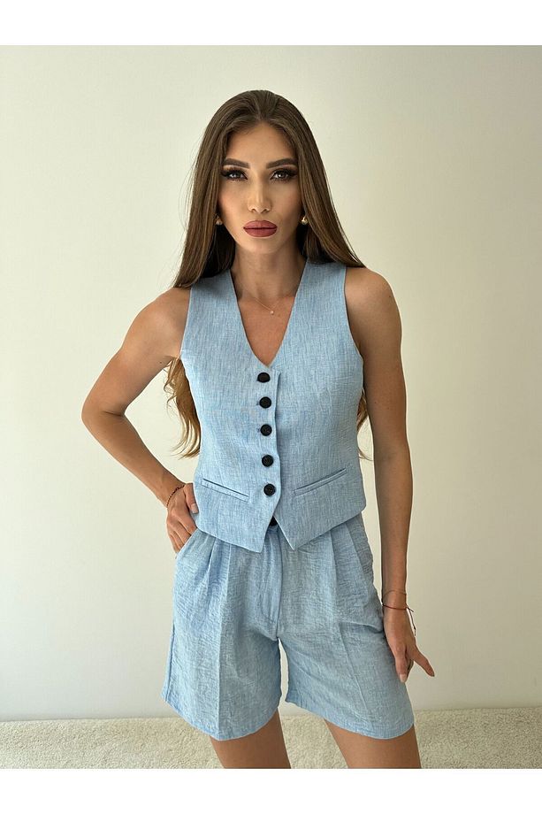 Summer Keten Yelek Şort 2'li Takım - 1
