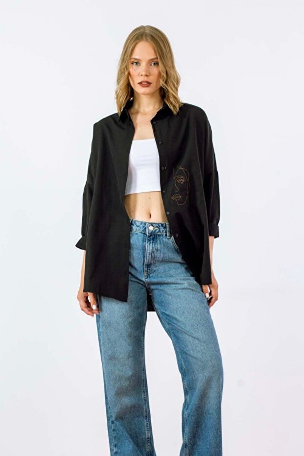 Kadın Oversize Nakışlı Uzun Basic Gömlek