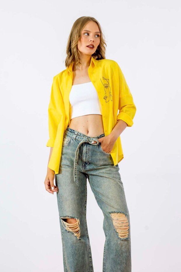 Kadın Oversize Nakışlı Uzun Basic Gömlek - 2