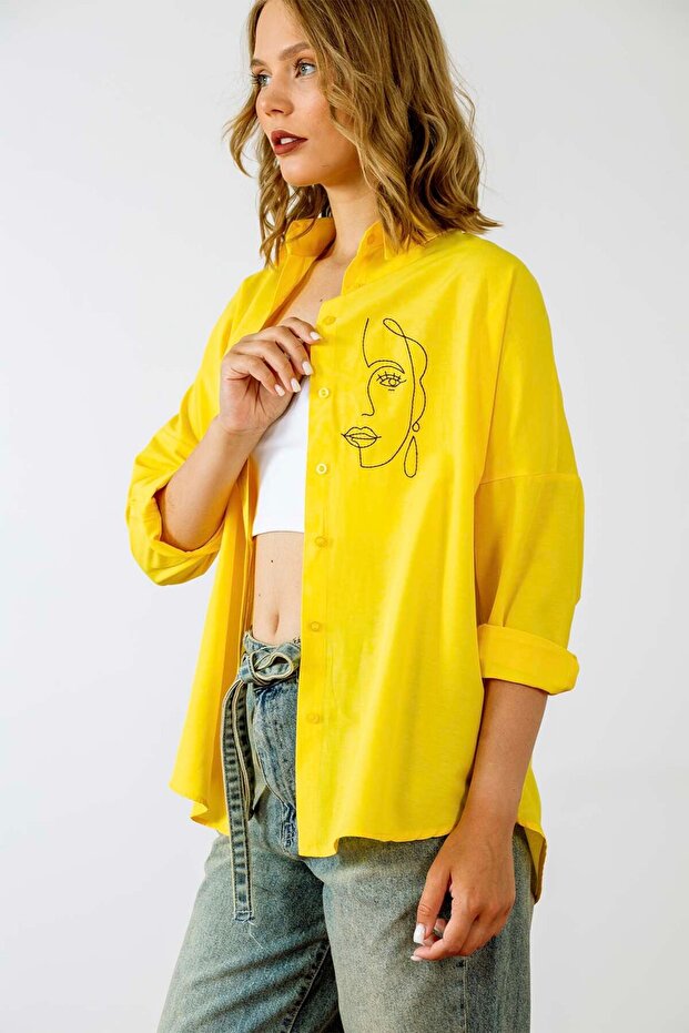 Kadın Oversize Nakışlı Uzun Basic Gömlek - 6