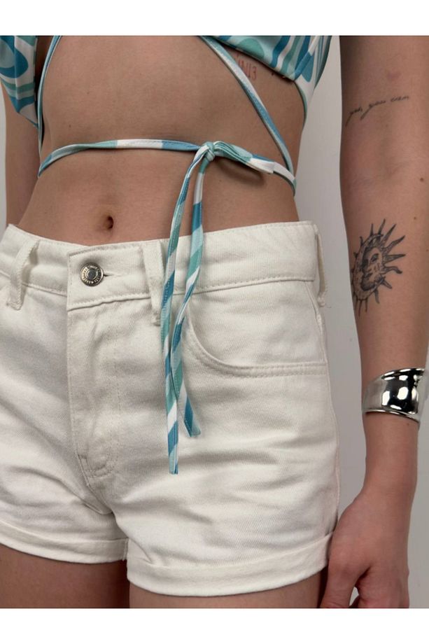 Duble Paça Denim Şort - Beyaz - 1