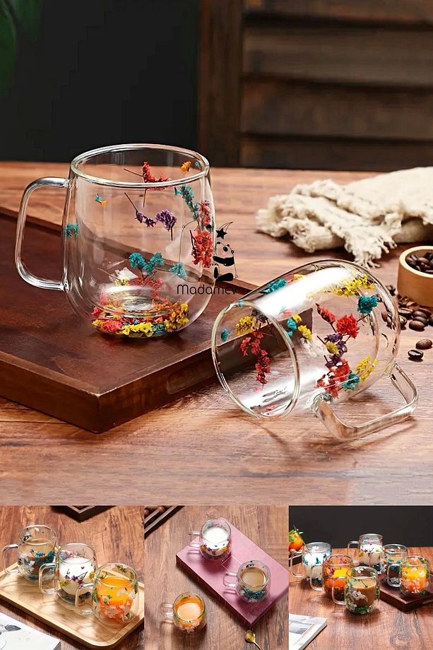 6'lı Çift Çidarlı Flower Cup Çiçekli El Yapımı Borosilikat Bardak 350 ml Kulplu Kahve Sunum Bardağı - 3