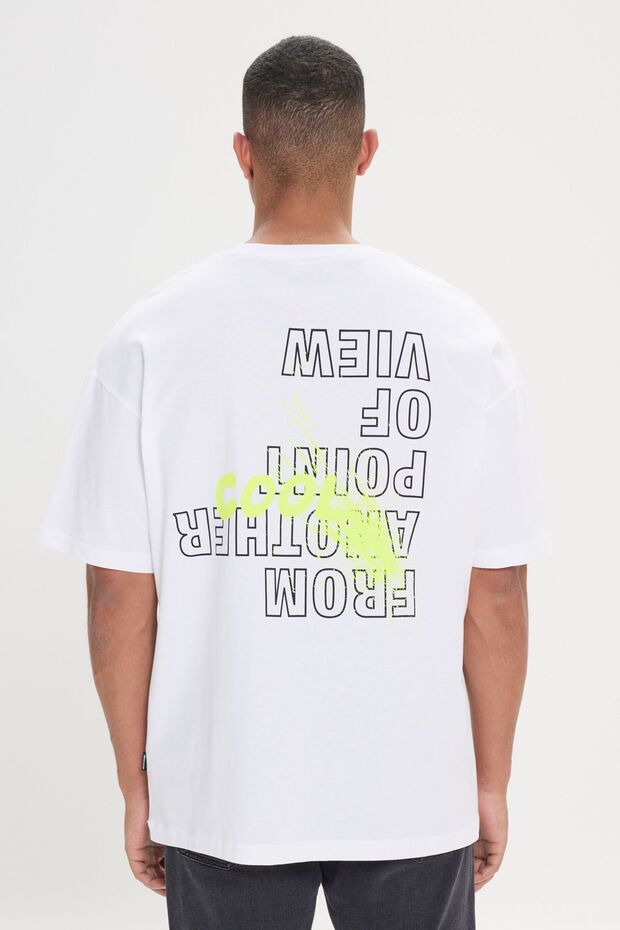 Erkek Ekru Oversize Bol Kesim Bisiklet Yaka %100 Pamuk Baskılı Tişört - 2