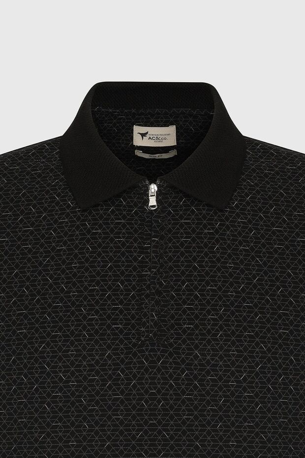 Erkek Siyah Slim Fit Dar Kesim Fermuarlı Yaka %100 Pamuk Baskılı Tişört - 6