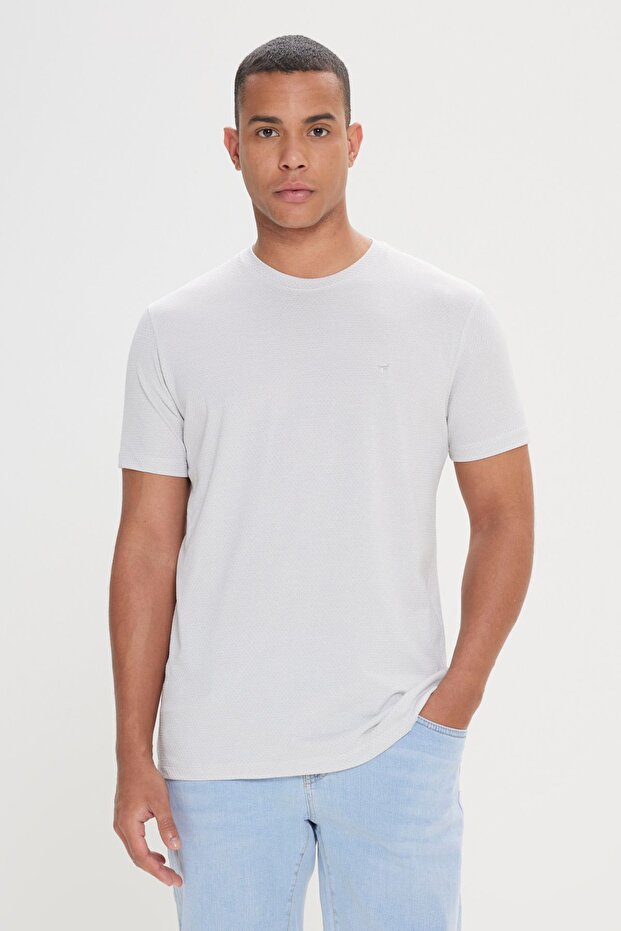 Men's Grey-white Easy-Iron Slim Fit Slim Fit Crew Neck Jacquard T-Shirt