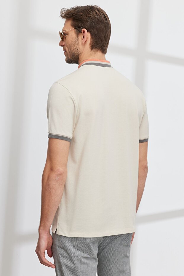 Erkek Bej Slim Fit Dar Kesim %100 Pamuk Kıvrılmaz Polo Yaka Tişört - 6