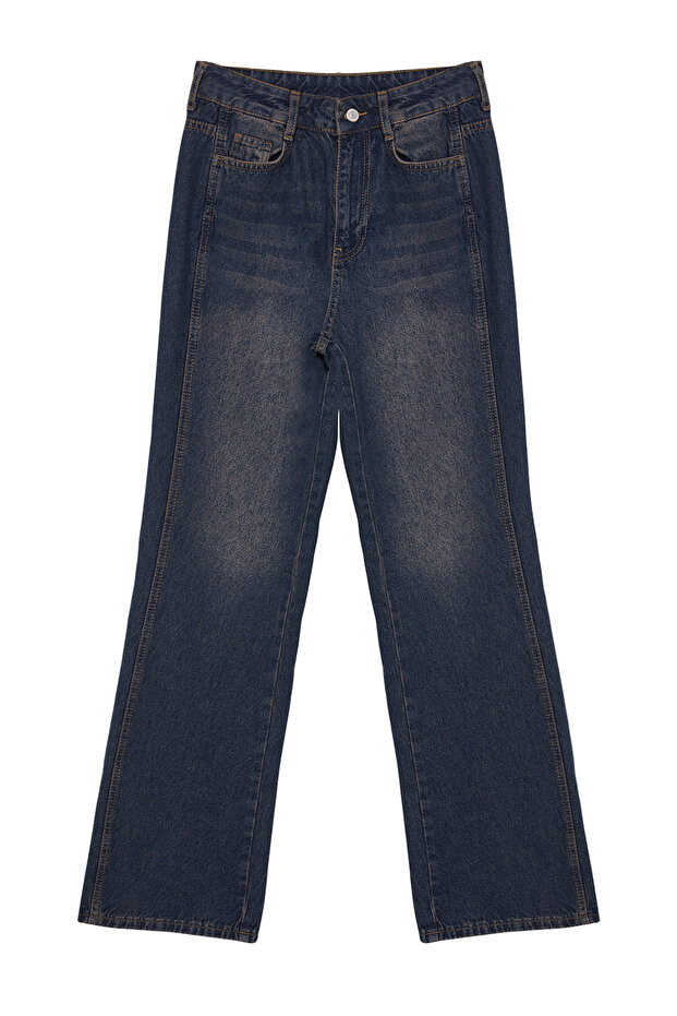 Koyu Mavi Yüksek Bel Geniş Paça Wide Leg Jeans %100 Pamuk Non-Stretch TWOAW24JE00313 - 14