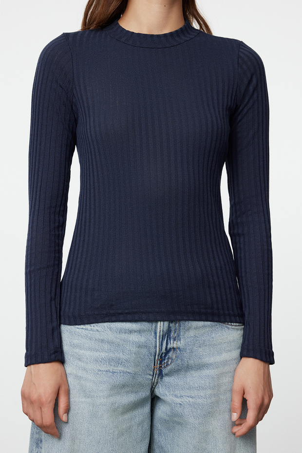 Lacivert Dik Yaka Fitilli Esnek Slim Fit Örme Bluz TWOAW20BZ0200 - 5