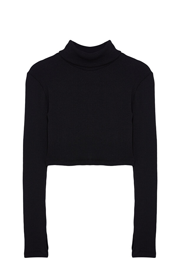 Siyah Fitted/Vücuda Oturan Balıkçı Yaka Parmak Geçme Detaylı Fitilli Esnek Örme Bluz TWOAW21BZ0071 - 9