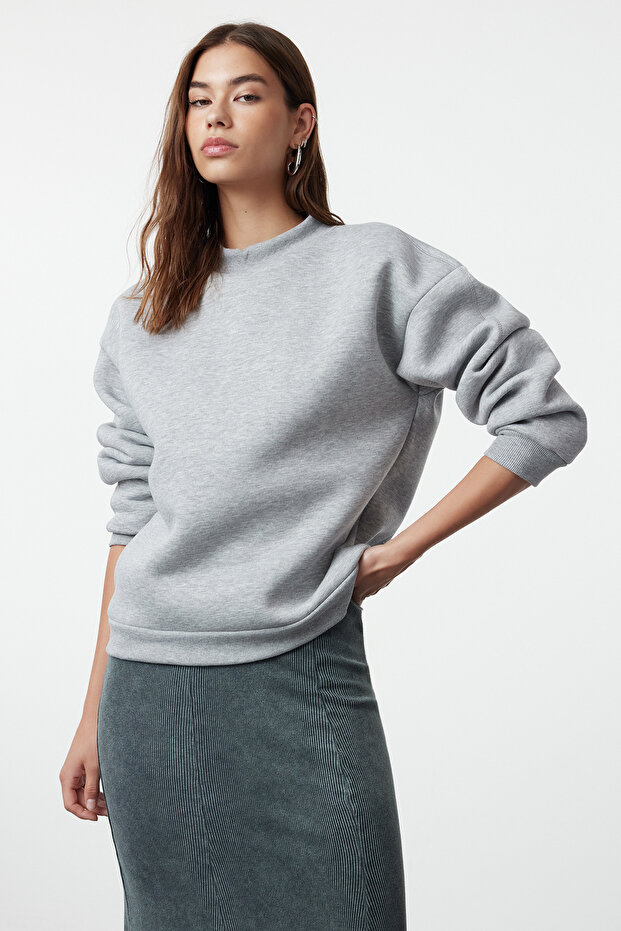 Gri Kalın İçi Polarlı Dik Yaka Relaxed/Rahat Kalıp Örme Sweatshirt TWOAW20SW0584 - 1