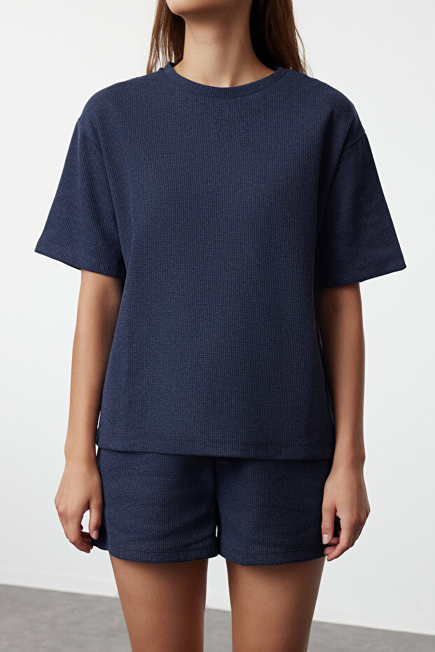 Indigo Waffle Kumaş Şortlu Örme Pijama Takımı THMSS22PT0524 - 3