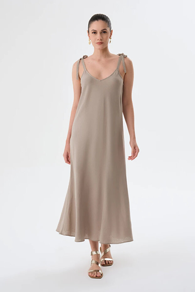 Mink Linen Dress - Lace-Up Shoulders