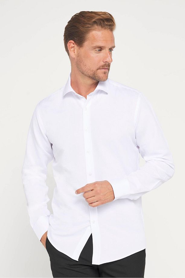 Modern Slim Fit Uzun Kollu Pamuklu Kolay Ütü Armürlü Erkek Beyaz Gömlek - 1