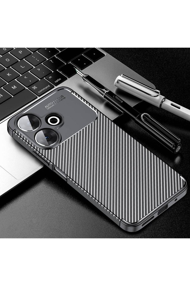Redmi 13 4g Case Carbon Fiber Patterned Camera Protected Colorfast Black Silicone Cover