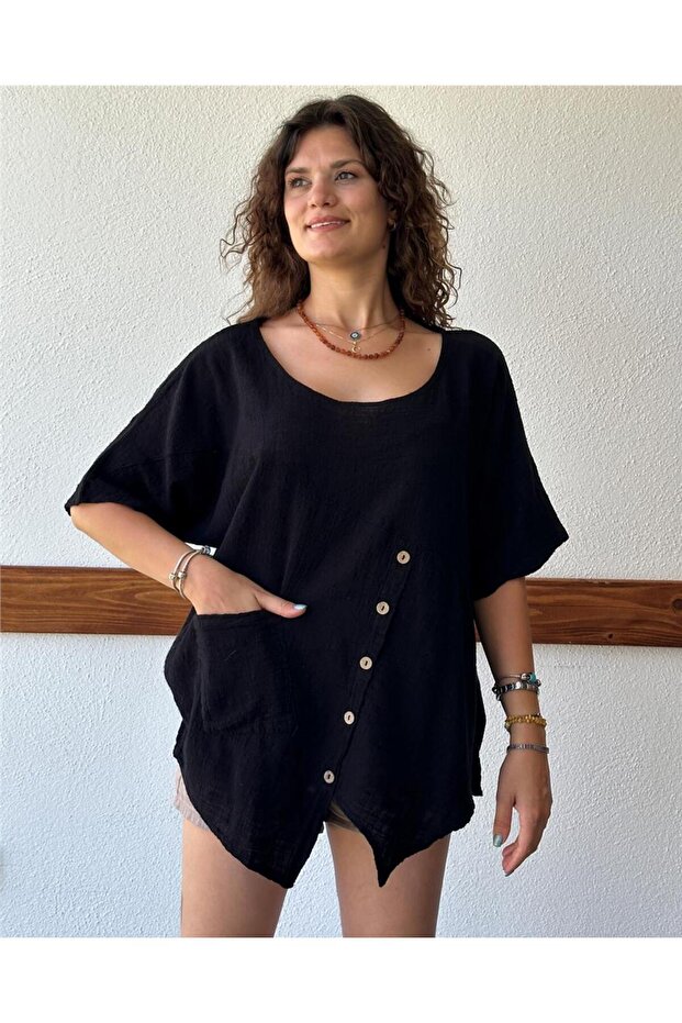 Mercury Buttoned Cotton Black Blouse Std