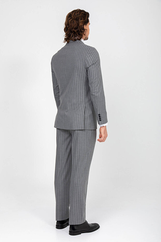 Erkek Gri Regular Fit Çift Yırtmaç Takım Elbise - 5