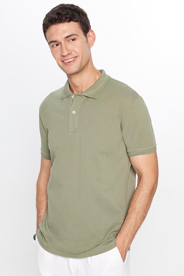 Men's Khaki Polo Collar Slim Fit T-Shirt - 100% Cotton, Soft Texture, Cool-Keeping Fabric