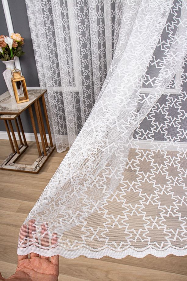 Yıldızlı Desen Örme Düz Tül Perde, 600x260, Sık Pile, 1/3 - 3