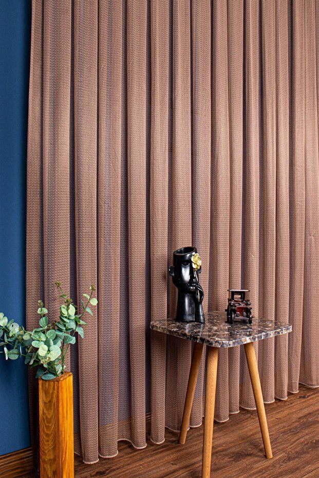 Brown Modern Pattern Skirt Leaded Tulle Curtain, 300x250cm, 1/2 Sparse Pleat, Elısıon03001