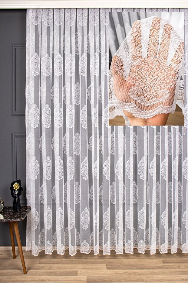 New Damaks Pattern Knitted Tulle Curtain, 550x270, Sparse Pleat, 1/2