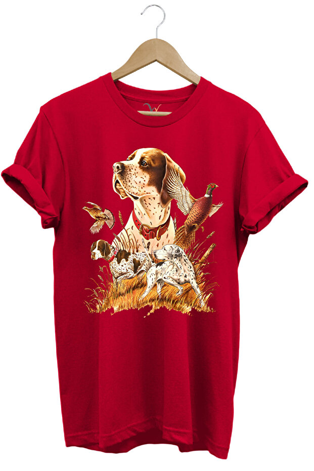 Hunting Patterned Hunting Dog English Pointer Setter Pheasant Wild Life Printed Regular Fit T-Shirt