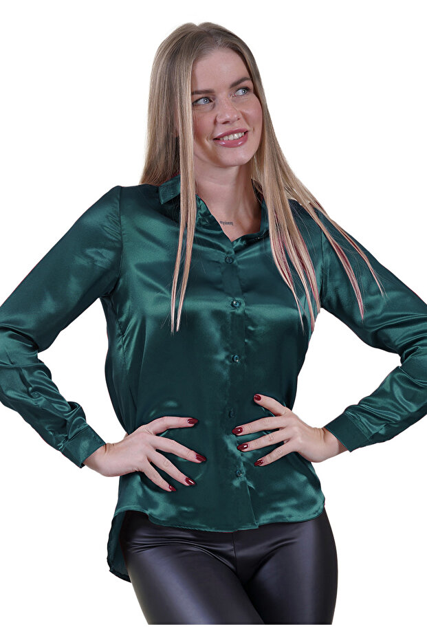 Green Lightweight Flowy Back Bellows Satin Woven Women's Shirt