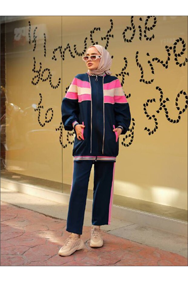 Zippered Hijab Tracksuit Set - Double Model449