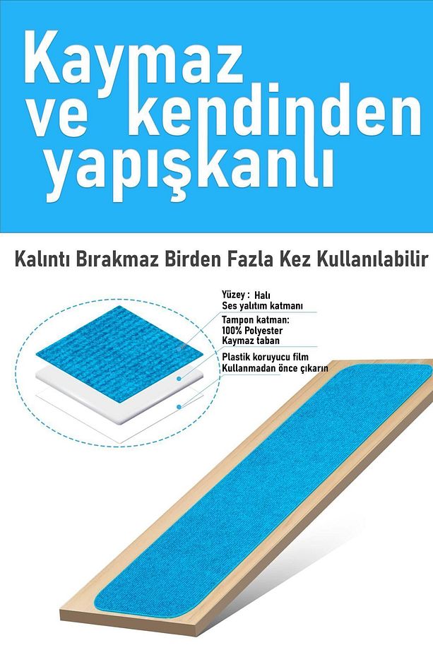 Halifleks Yapışkan Tabanlı Merdiven Basamak Paspası Rip Halı Kaymaz Tabanlı - Boncuk Mavi - 2