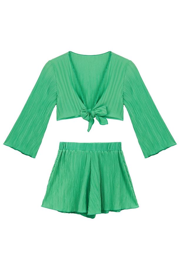 Kız Çocuk Pilili Yeşil Crop Top-Şort Takım - 1