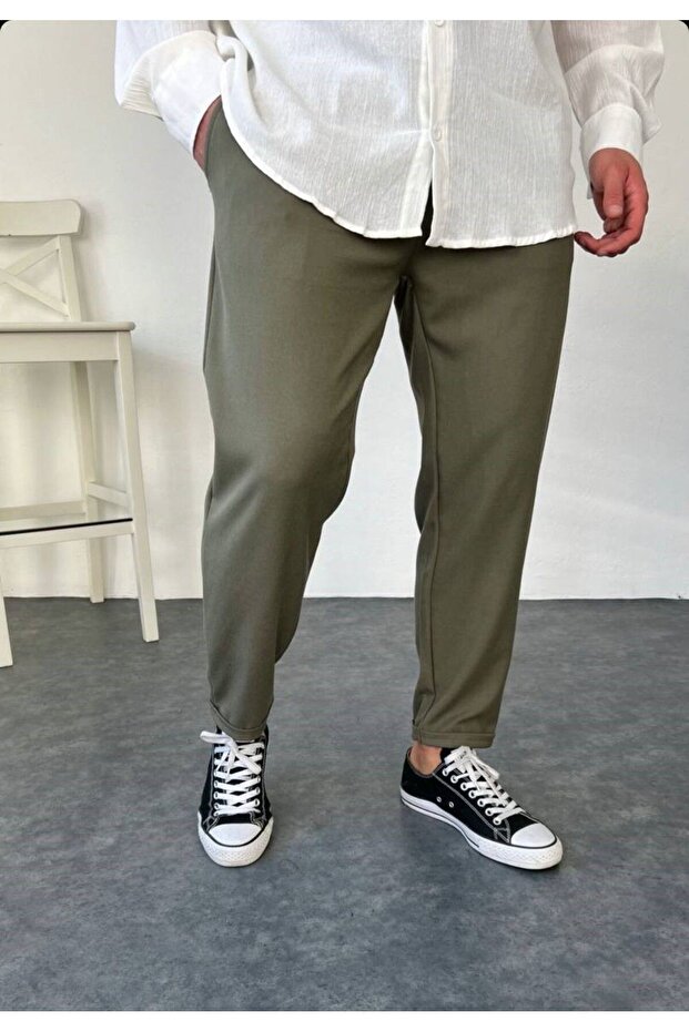 Men's Khaki Green Fabric Boyfriend Pants Elastic Waist Double Leg Jogger