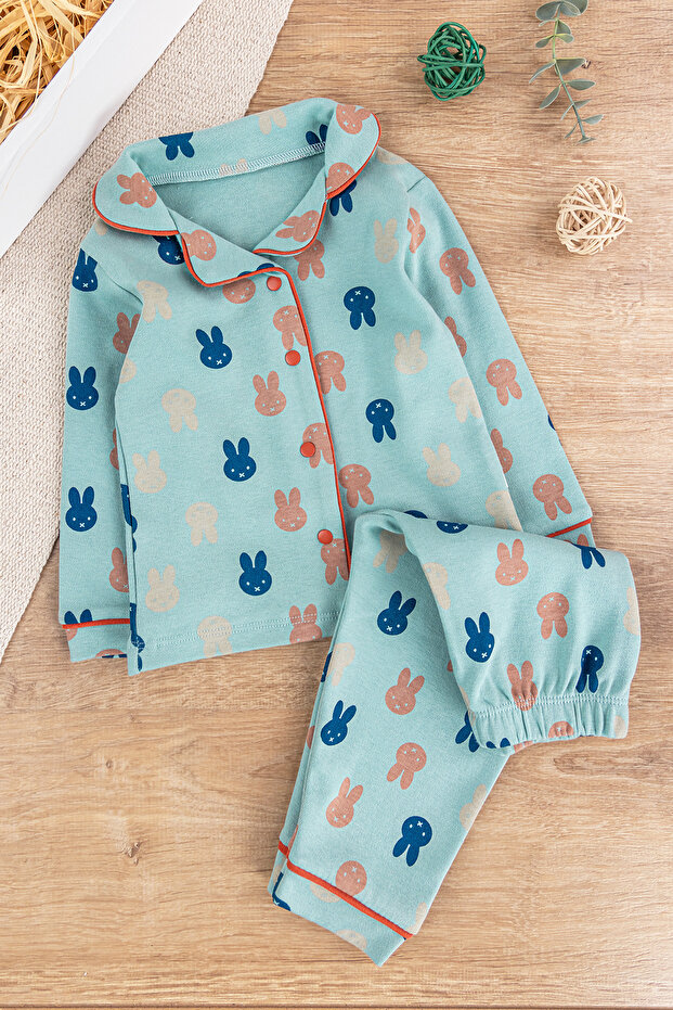 Front Snap Rabbit Patterned Green Cotton Baby Boy/Child Pajama Set
