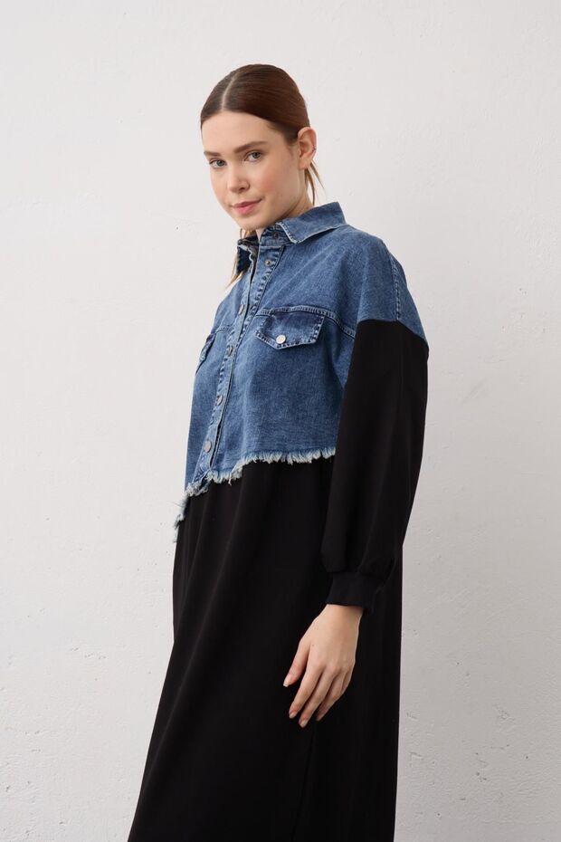 Siyah Denim Detaylı Çıt Çıtlı Pamuklu Örme Elbise - 3