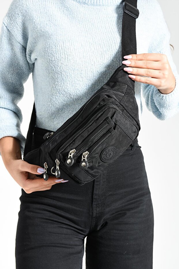 Multi- Pocketed Waist Bag Unisex Black (Model: 571-7F)