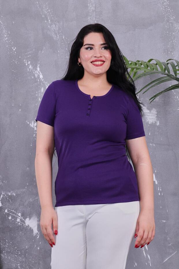 Plus Size Buttoned Front Cotton Basic Short Sleeve Blouse - 2
