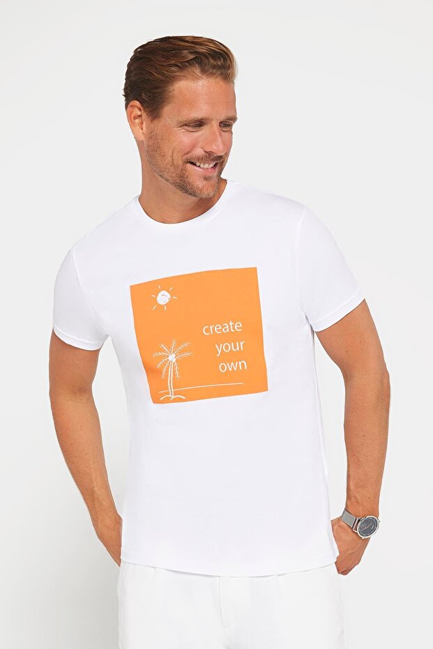 White Crew Neck T-Shirt - 100% Cotton, Soft Texture, Printed Slim Fit