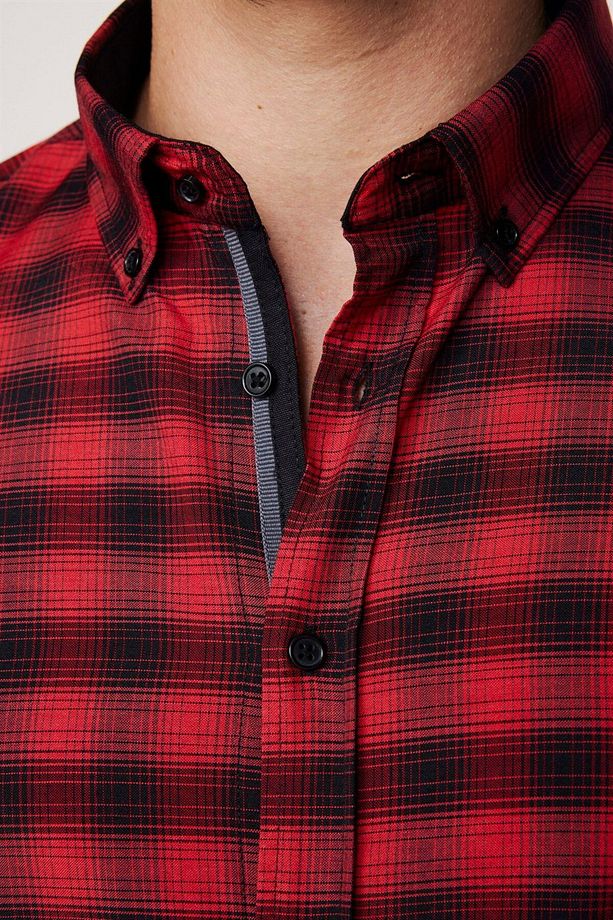 Slim Fit Uzun Kollu Düğmeli Yaka Kareli Pamuklu Kolay Ütü Erkek Gömlek - 4