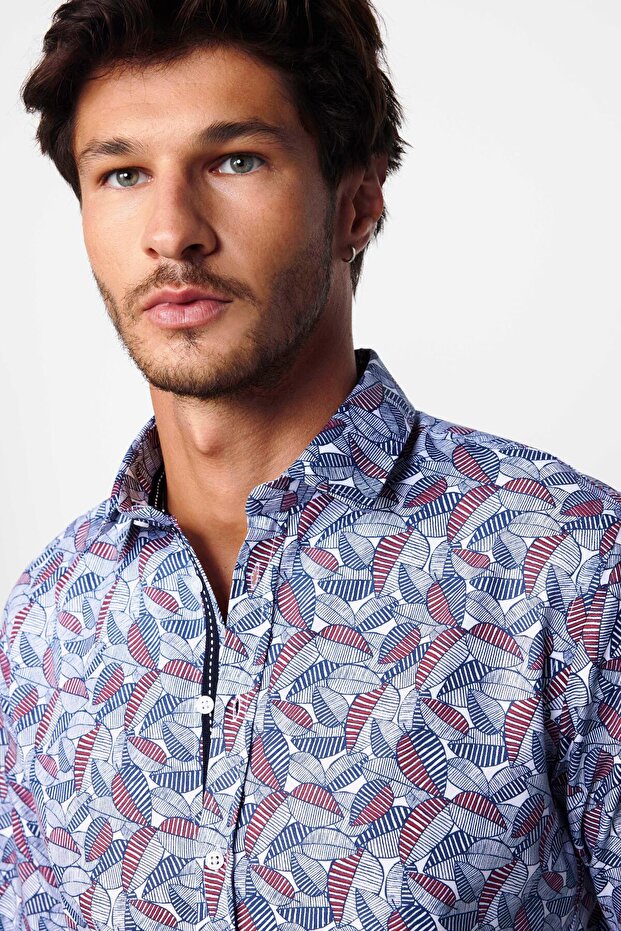 Slim Fit Long Sleeve Slim Fit Printed Oxford Texture Men's Shirt