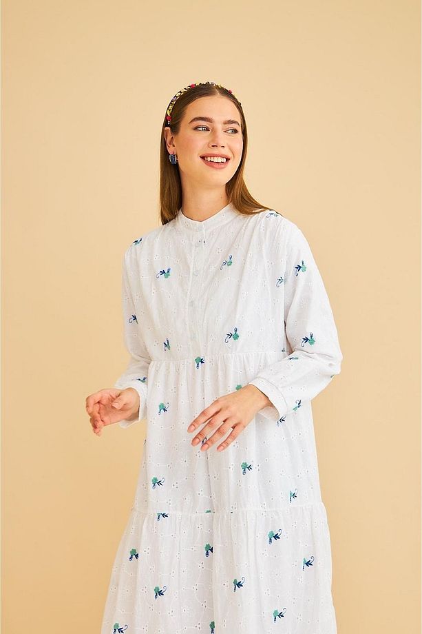 Guıpure Nakışlı Ve Düğmeli Brode Oversize Yeşil Elbise - 5