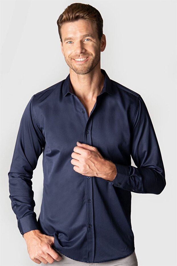 Modern Slim Fit Long Sleeve Plain Satin Cotton Men's Navy Blue Shirt