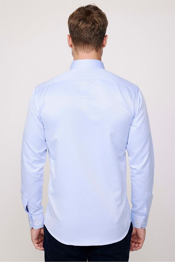 Modern Slim Fit Uzun Kollu Pamuklu Kolay Ütü Armürlü Erkek Mavi Gömlek - 4