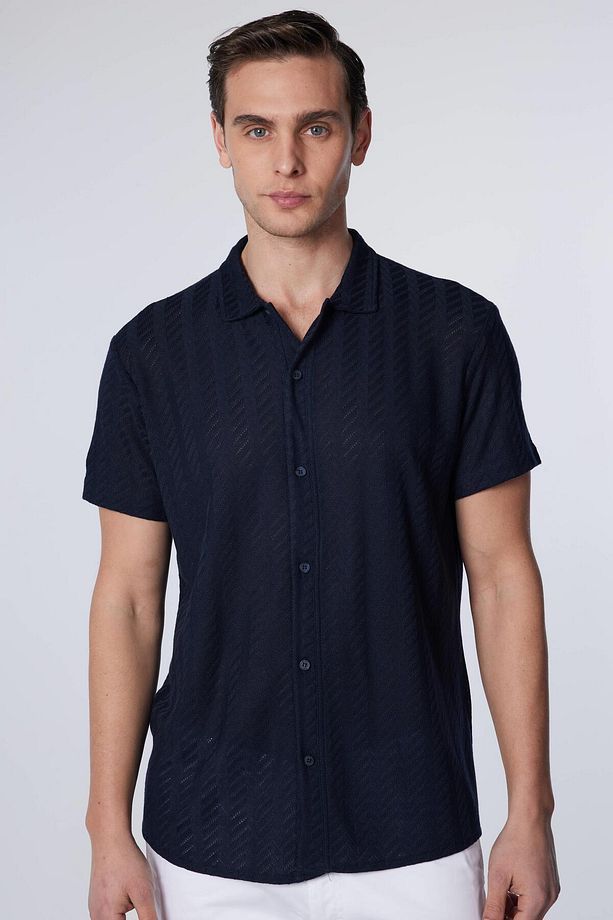 Erkek Slim Fit Dar Kesim Kısa Kollu Nefes Alan Örme Doku Armür Desenli Yazlık Lacivert Gömlek - 2