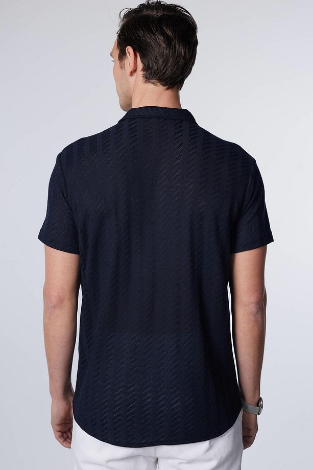 Erkek Slim Fit Dar Kesim Kısa Kollu Nefes Alan Örme Doku Armür Desenli Yazlık Lacivert Gömlek - 5