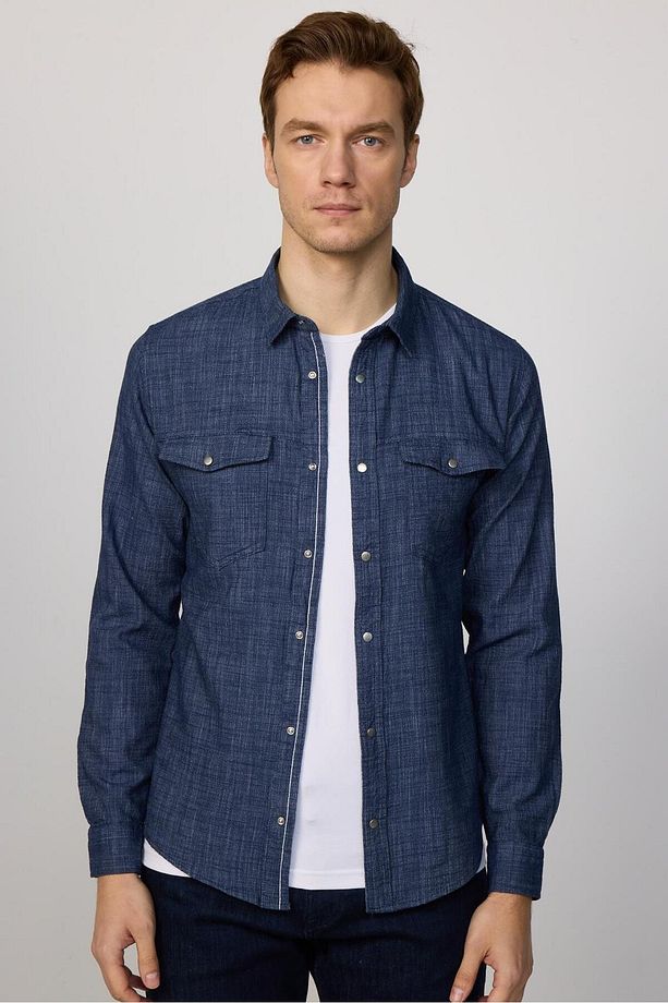 Erkek Slim Fit Dar Kesim Uzun Kollu %100 Pamuk Keten Doku Çift Cep Çıtçıtlı Lacivert Gömlek - 3