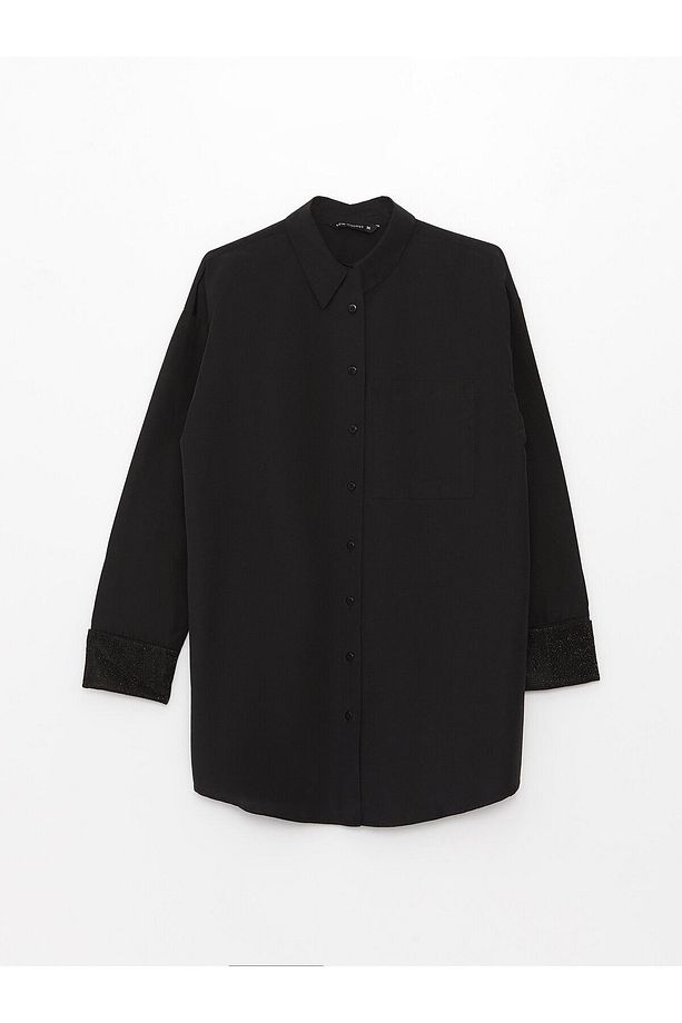 Gömlek Yaka Düz Uzun Kollu Oversize Poplin Kadın Tunik - 6