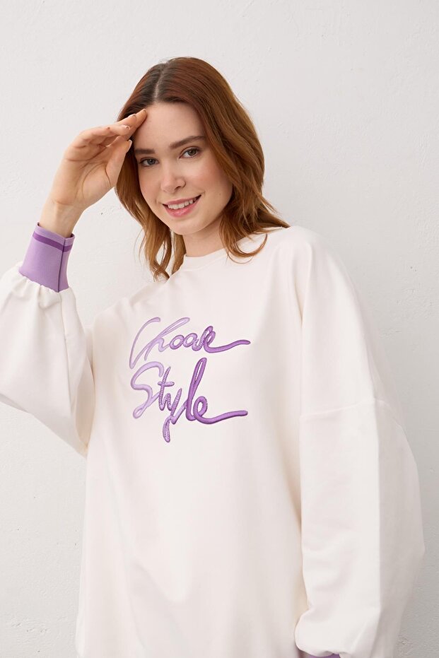 Ekru Biye Detaylı Choose Style Nakışlı Pamuklu Örme Alt Üst Takım - 8