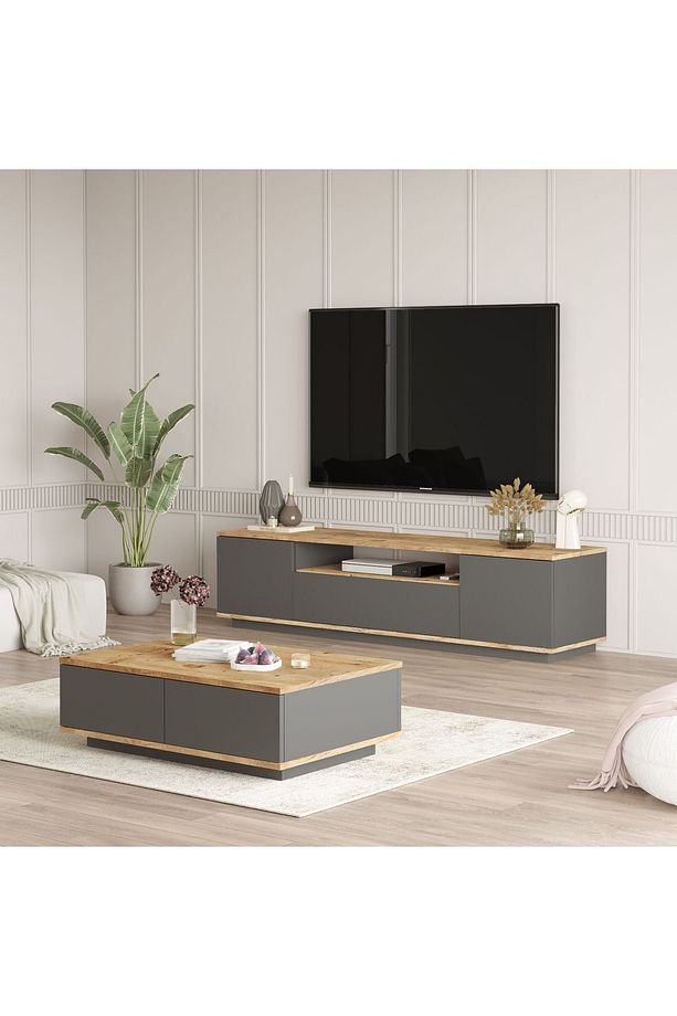 Delphin Tv Ünitesi Orta Sehpa 2'Li Set Çam-Antrasit DLP17-AA - 1