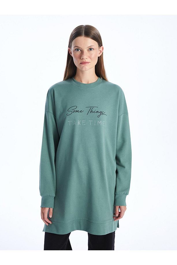 LCW Modest Bisiklet Yaka Baskılı Uzun Kollu Oversize Kadın Sweatshirt Tunik - 1