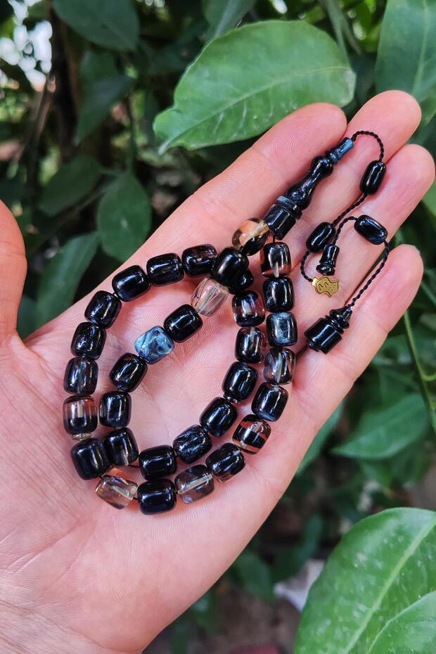 10X9 mm Ali Agiş Master Crafted Black Glitter Fire Amber Prayer Beads - Transparent Delim Prayer Beads
