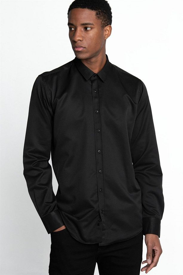 Modern Slim Fit Uzun Kollu Pamuklu Kolay Ütü Armürlü Erkek Siyah Gömlek - 1