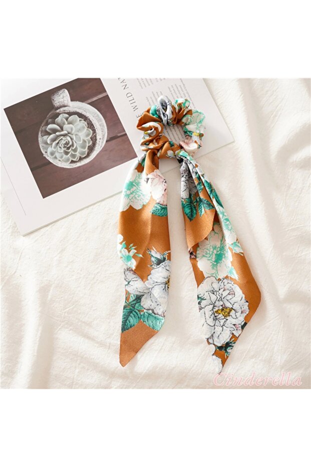 Elegant Luxury Satin Fabric Scrunchie with Orange Pattern - Women's Scrunchie Elastic Hair Tie